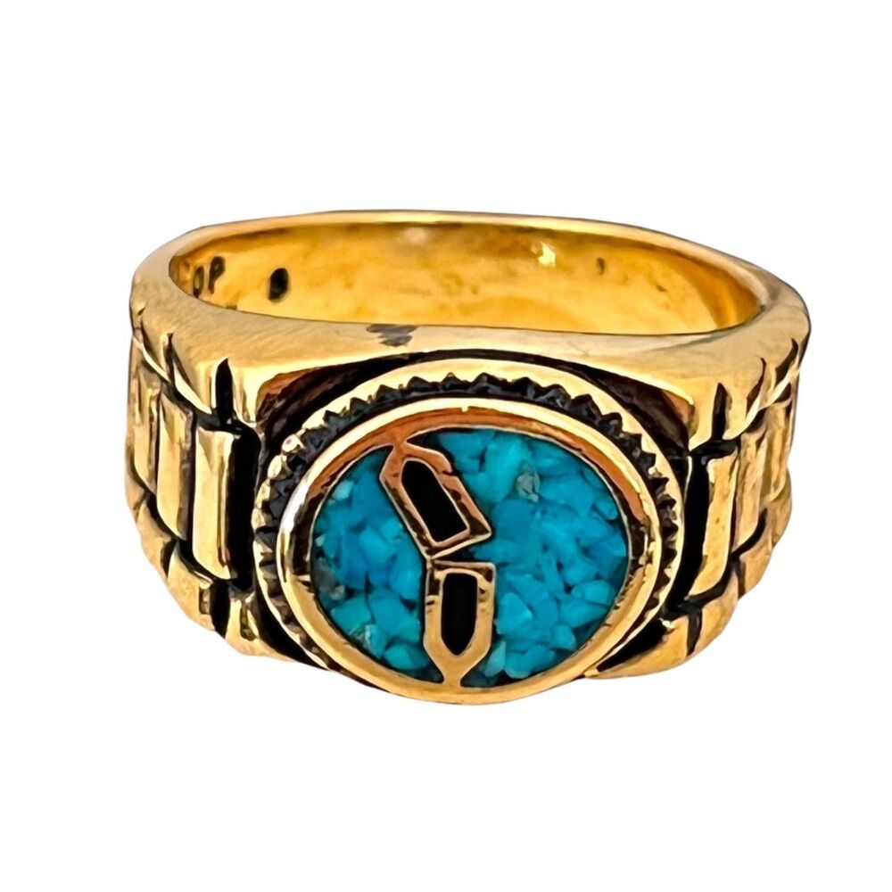 Vintage 1980s Ring Size 13 Castings On Parade Turquoise Inlay Gold Plated - 14W